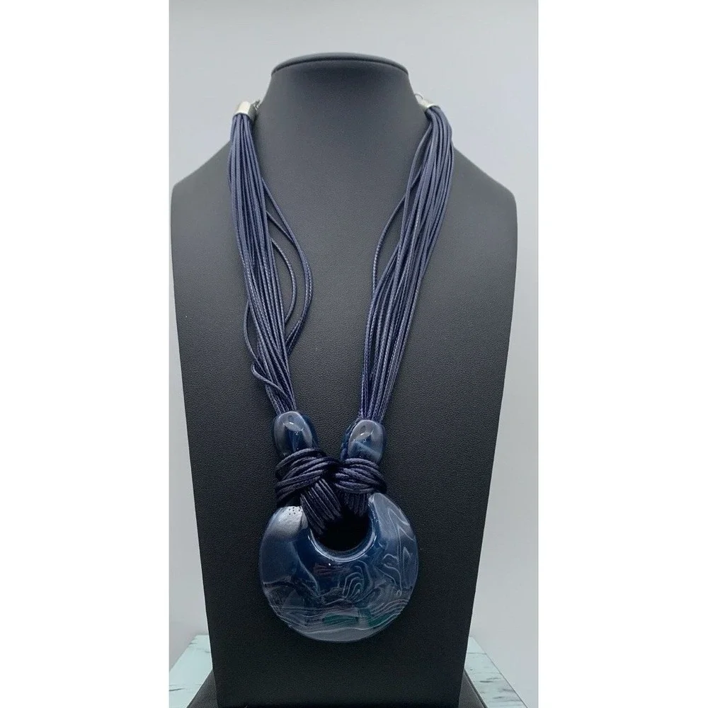 Beautiful Blue Multi Corded Necklace With A Chunky Blue Swirl‎ Resin Pendant